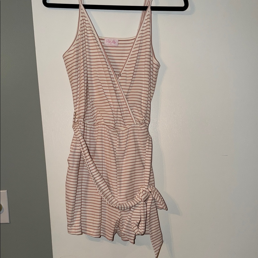 Pink Lily Cream and Mauve Striped Sleeveless Romper